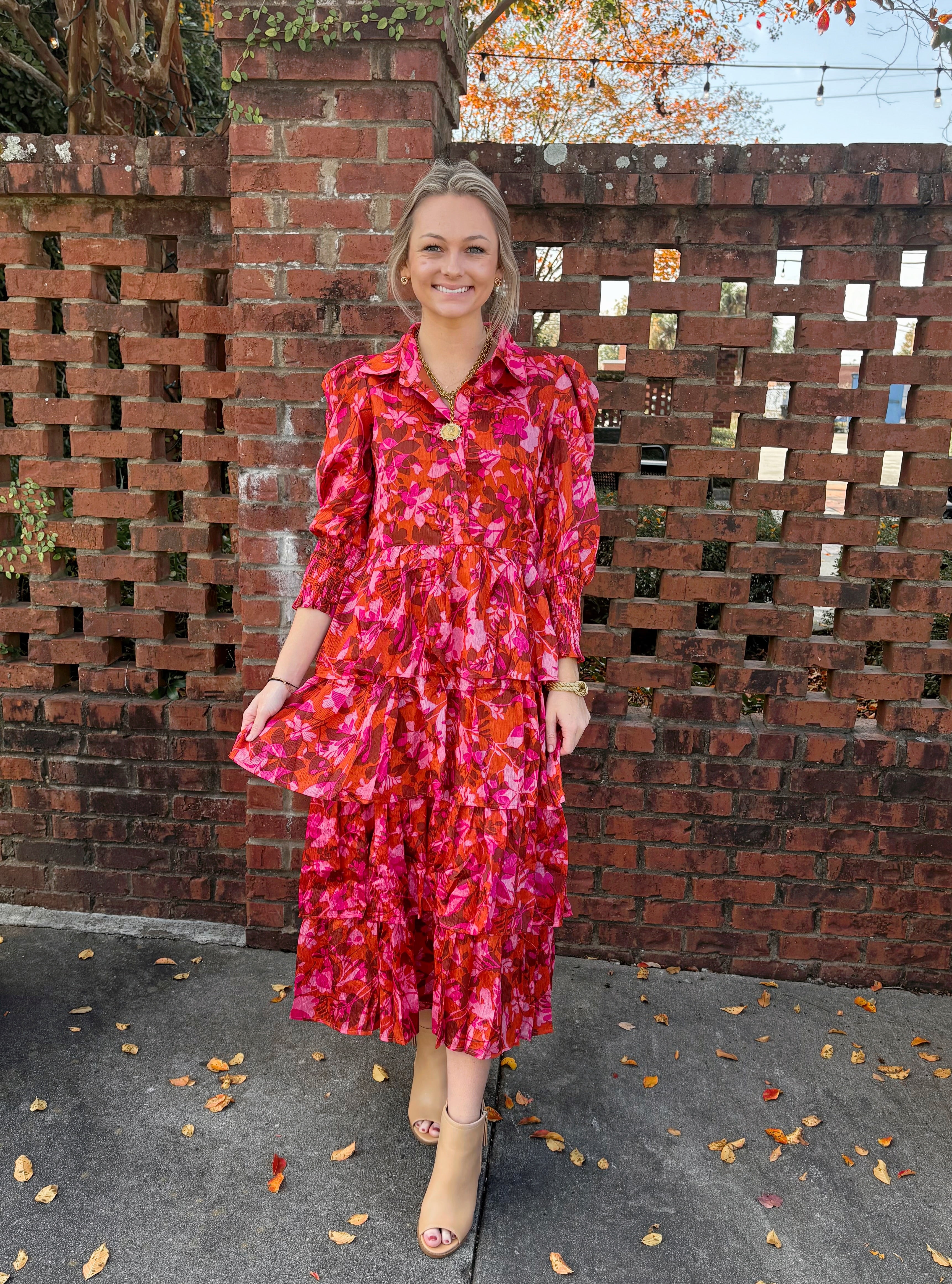 Rust Printed Collared Tiered Ruffle Dress