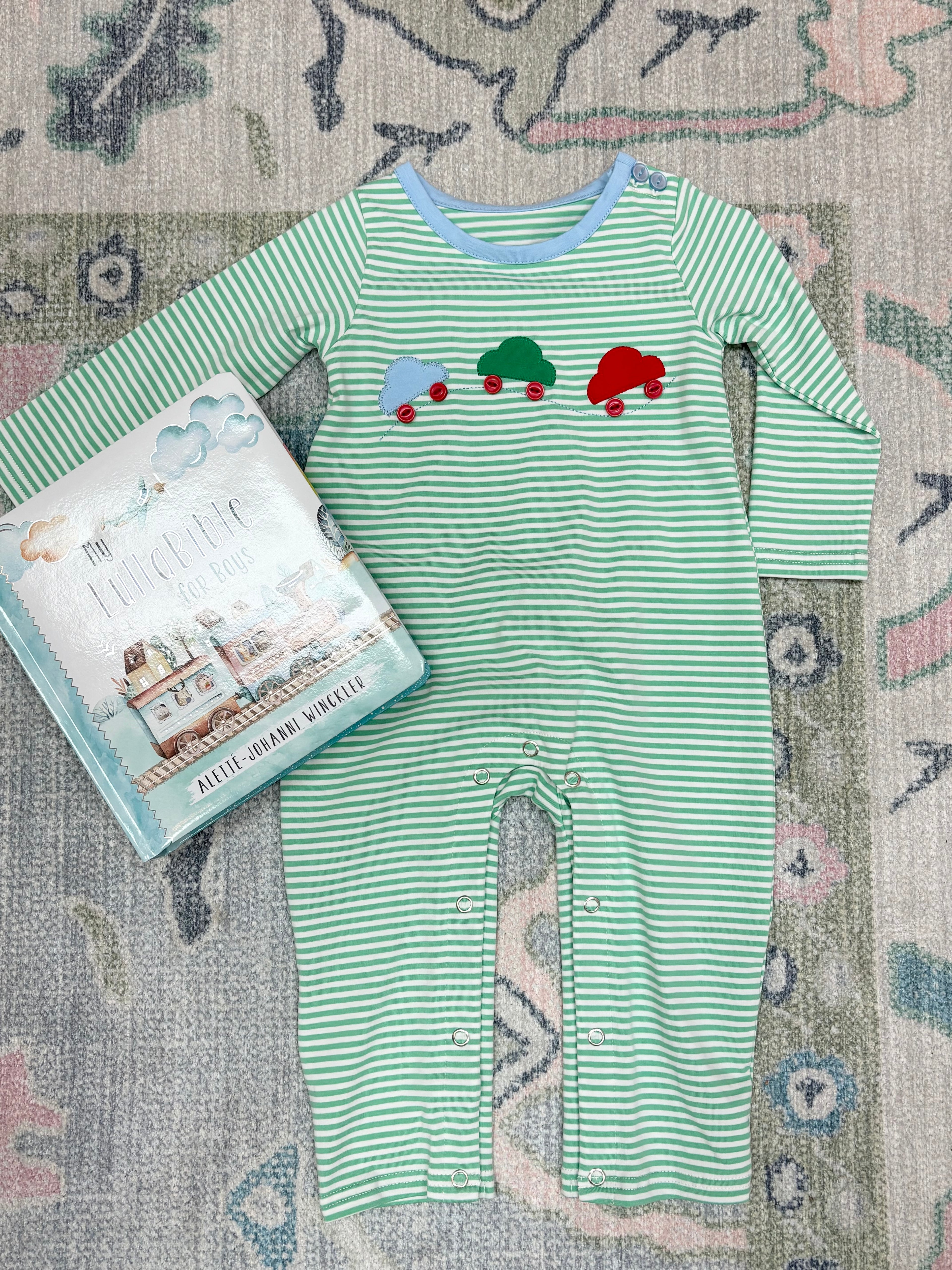 Boys Green Stripe Car Romper