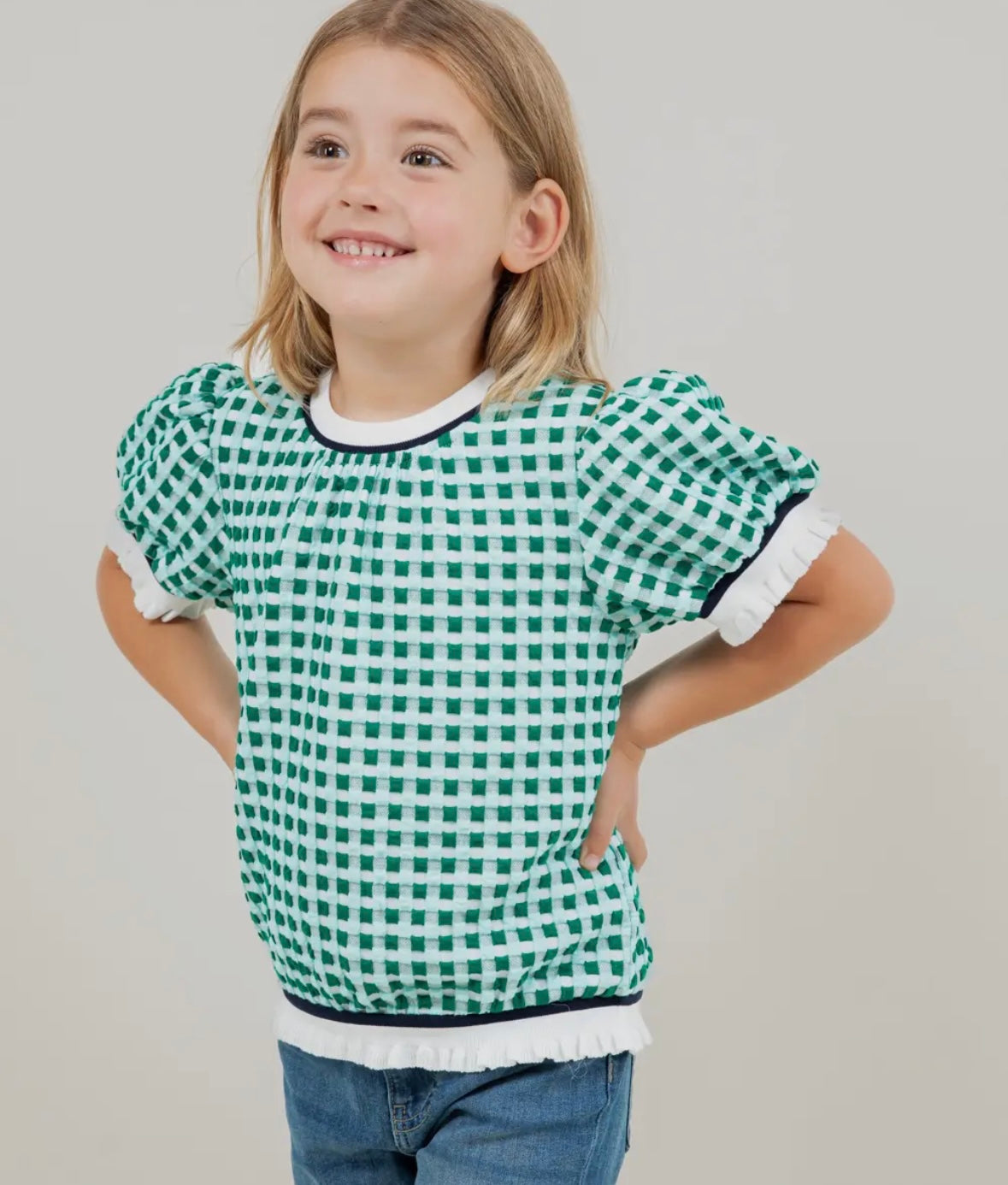 Green and Navy Puff Sleeve Checkered Top