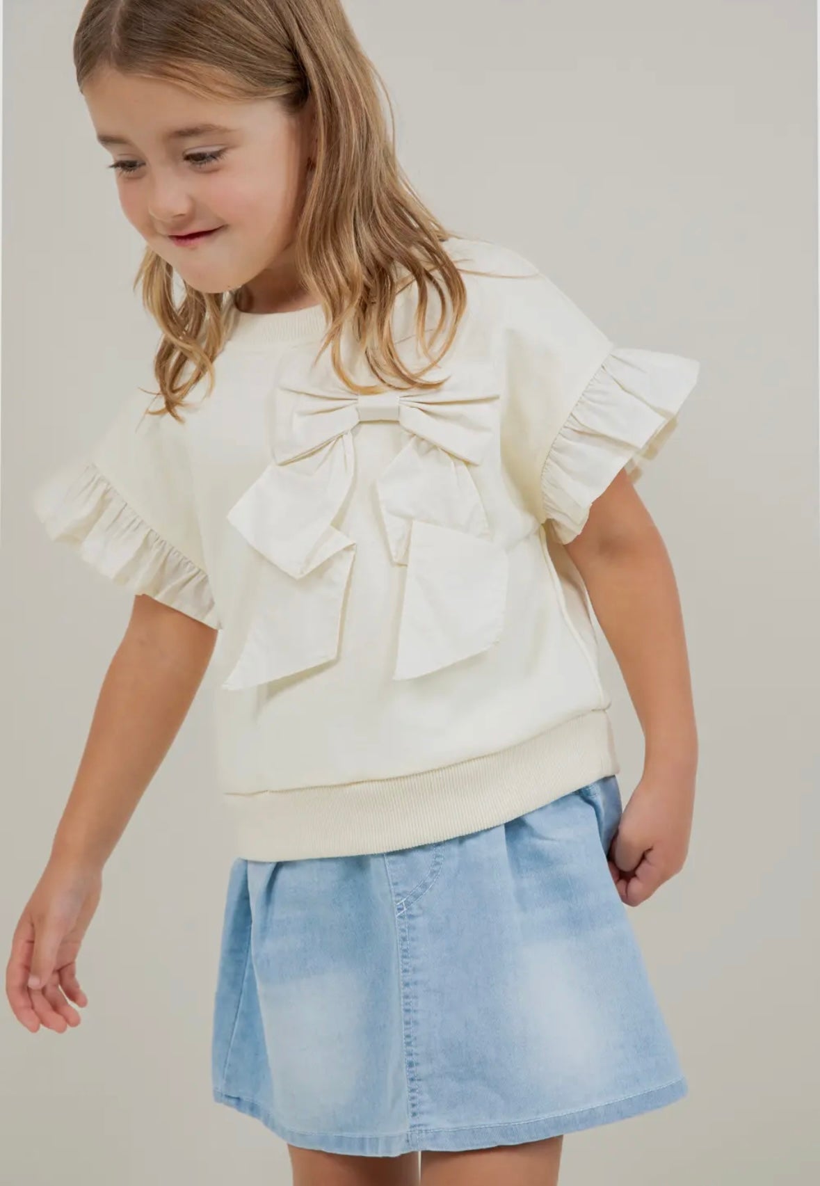 Cream Contrast Bow Ruffle Sleeve Top