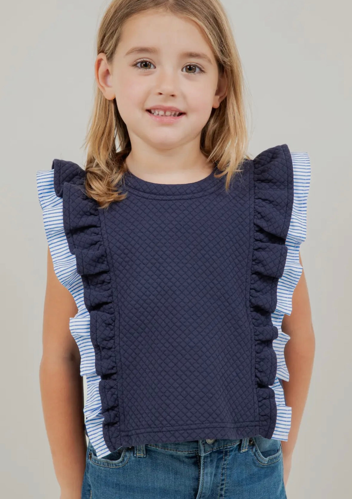 Navy Knit Ruffle Sleeve Top