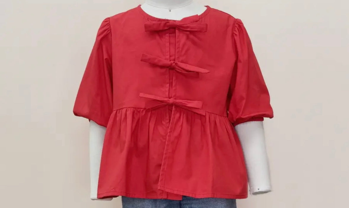 Red Front Tie Tween Blouse